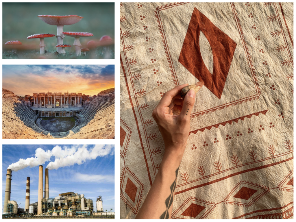 Four images: A group of mushrooms; an ancient Greek theatre; a factory; an artist's tattooed hand hovering over an Indigenous work of art using geometric shapes.